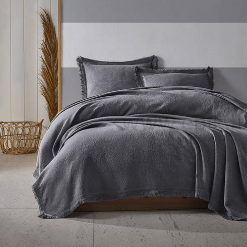 Prabangi medvilninė austinių žakardo raštų lovatiesė "Grace" su 2 pagalvių užvalkalais, tamsiai pilka